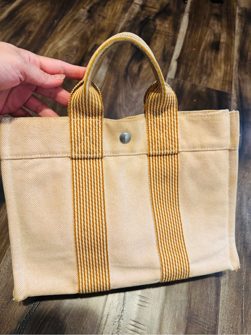 Hermes Canvas Tote with Yellow Striped Handles